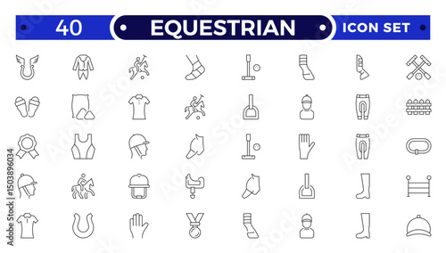 Equestrian Outline Icon Set. Horse, Rider, Gallop, Dressage, Racing, Pony, Farm Animal, Stable, Mustang, Silhouette, Freedom, Power, Mane, Saddle, Competition, Vector, Thin Line Design.