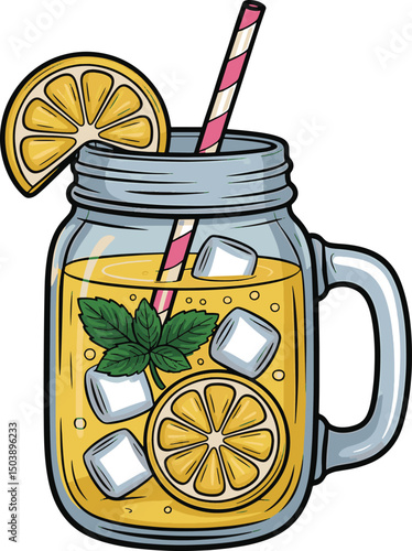 handle glass jar of yellow lemonade with straw ice and mint design stock photos