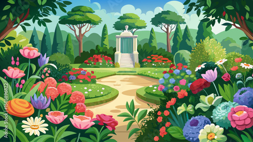 Lush garden space alive with blooming flowers and the gentle rustle of leaves