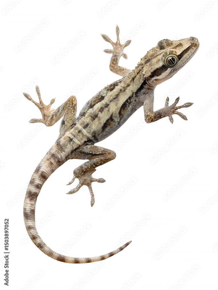 Naklejka premium A brown house gecko with unique stripes is perched delicately on a white surface, its small toes clinging for support as it looks alertly to the side.