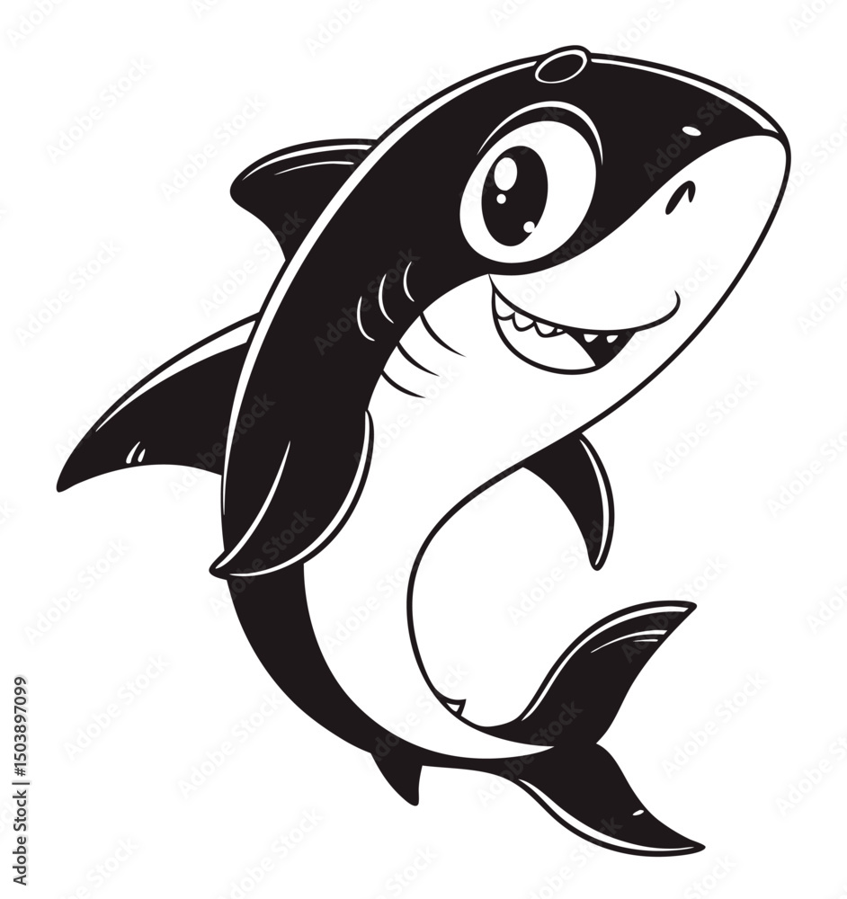 Naklejka premium Cute Cartoon Baby Shark Illustration – Black and White Vector 