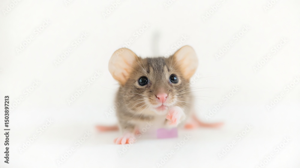 Cute and Curious Mouse Exploring White Background with Pink Paws Cute and Curious Mouse Exploring White Background with Pink Paws