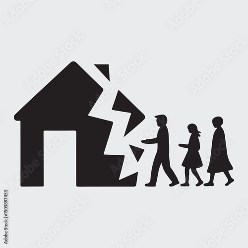 Illustration of a family leaving a broken house symbolizing divorce and separation