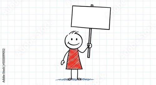 Simple stick figure joyfully holds up a blank sign on graph paper background art, with a happy mood.