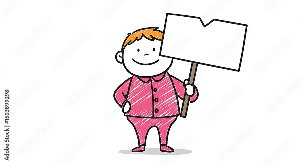 A cartoon boy in pink, smiling, holds a blank white sign, illustrated in a simple, sketched style. A cartoon boy in pink, smiling, holds a blank white sign, illustrated in a simple, sketched style.