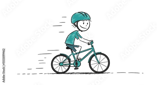 A cheerful stick figure with a helmet is riding a teal bicycle with speed lines around the figure.