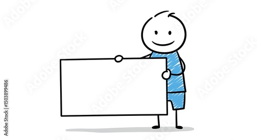 A cheerful stick figure in blue playfully presents a blank white board for any announcement.