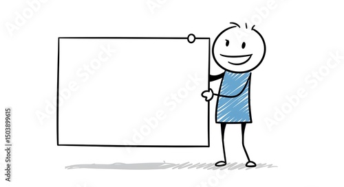 Whimsical stick figure smiles while presenting a blank framed whiteboard, offering a space for text.