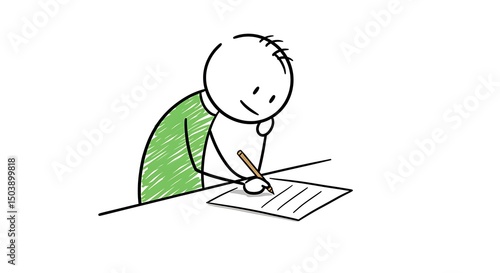 A stick figure with a green shirt diligently writes on paper with focus and concentration.
