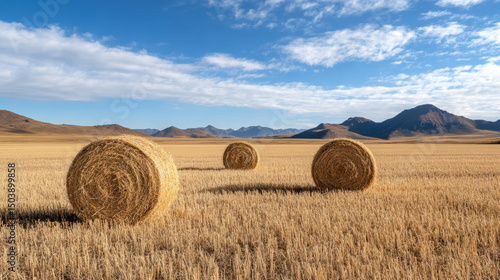 Golden hay bales scattered across vast fields under bright blue sky