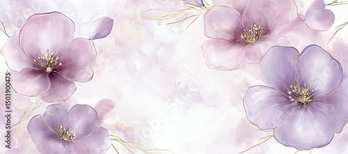 Pink and purple watercolor background with gold-lined floral decoration