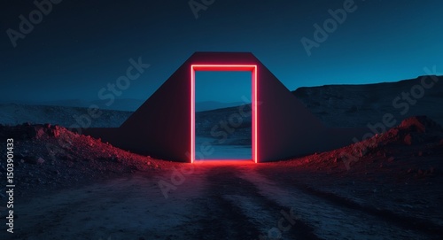 Red Neon Portal in a Surreal Landscape, Mysterious Gateway to Another Dimension.