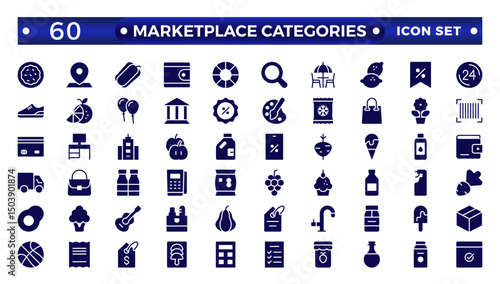 Marketplace Categories solid Icons set. Vector illustration of e-commerce-related icons: household goods, electronics and household appliances, clothing, and more.
