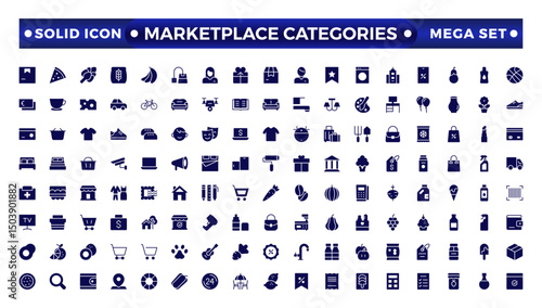 Marketplace Categories solid Icons set. Vector illustration of e-commerce-related icons: household goods, electronics and household appliances, clothing, and more.
