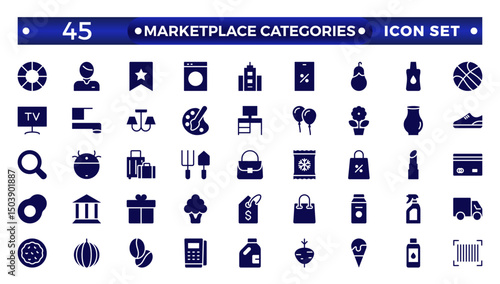 Marketplace Categories solid Icons set. Vector illustration of e-commerce-related icons: household goods, electronics and household appliances, clothing, and more.
