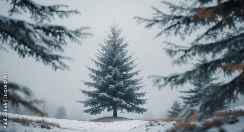 Fototapeta premium Serene Winter Landscape. A Majestic Pine Tree Standing Tall in the Snowy Wilderness.