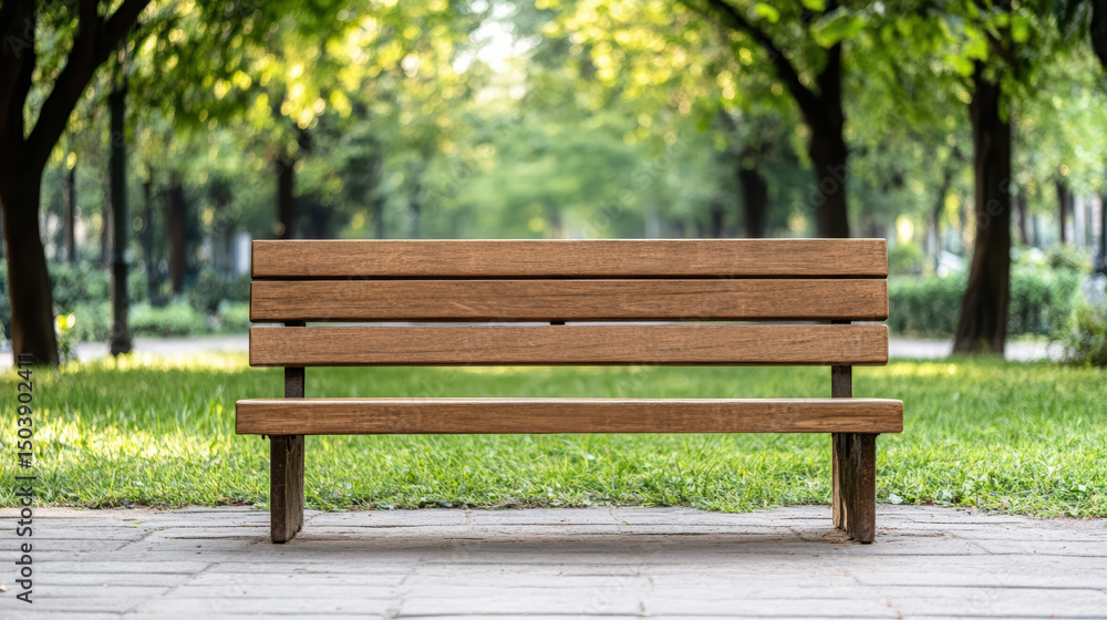 Wooden bench in serene park surrounded by lush greenery and trees, inviting relaxation Wooden bench in serene park surrounded by lush greenery and trees, inviting relaxation