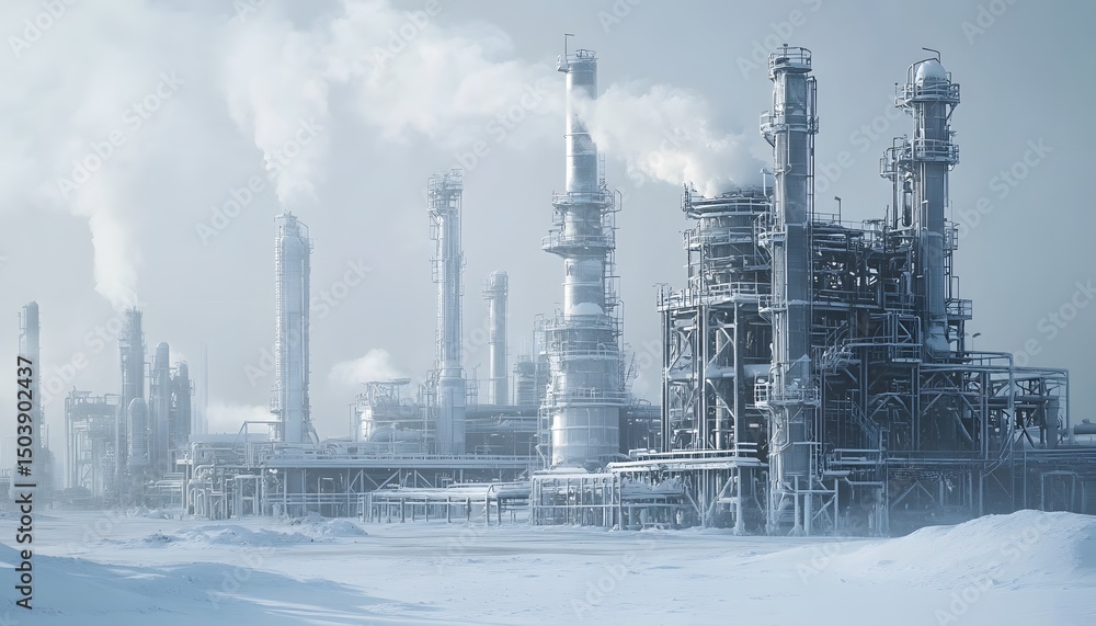 Obraz premium A cold and misty industrial landscape featuring towering oil refineries in a snowy environment