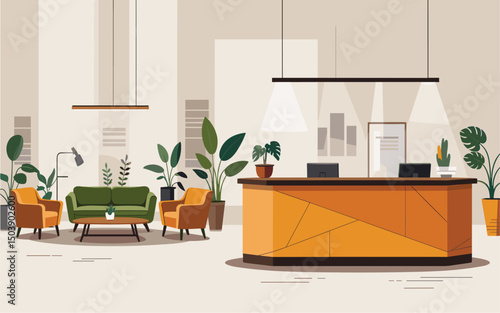 Modern office interior with A bright orange reception area with a green couch and a green chair. The room is filled with plants and has a modern, clean look