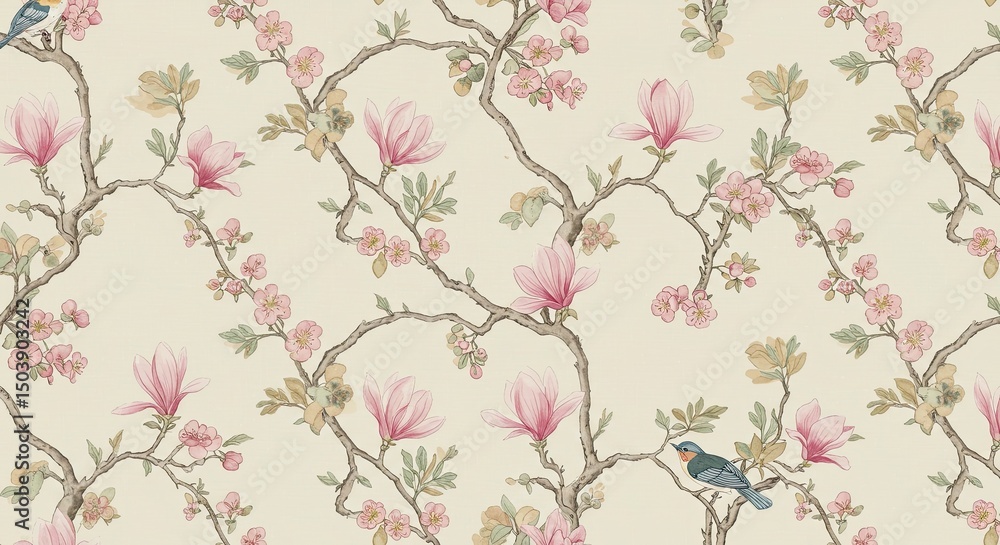 Fototapeta Seamless vector floral pattern with pink flowers, a spring nature ornament for textile design or vintage wallpaper