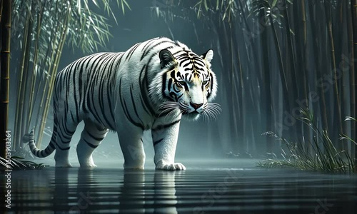 White tiger in misty forest