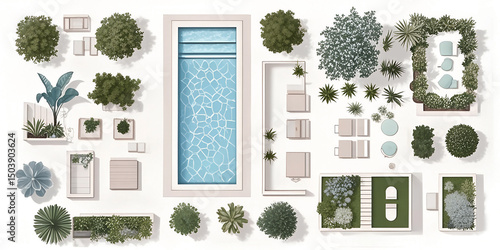Top-Down View of a Luxurious Backyard Oasis Pool, Landscaping, and Outdoor Furniture Design