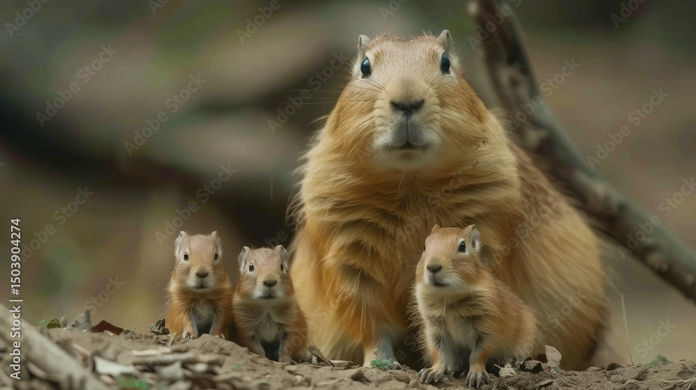 Obraz premium Capybara family swimming together in natural wetland habitat.