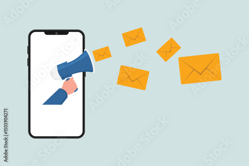 Man on smartphone using megaphone to send flying email newsletter online. Email marketing campaign, subscription newsletter or online announcement to customer, digital advertising.