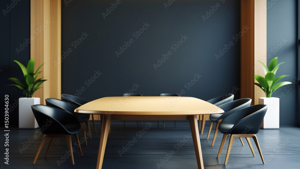 Fototapeta premium This modern meeting or dining space features a rectangular wooden table with a light finish and angled legs, surrounded by eight black upholstered chairs with wooden legs. 