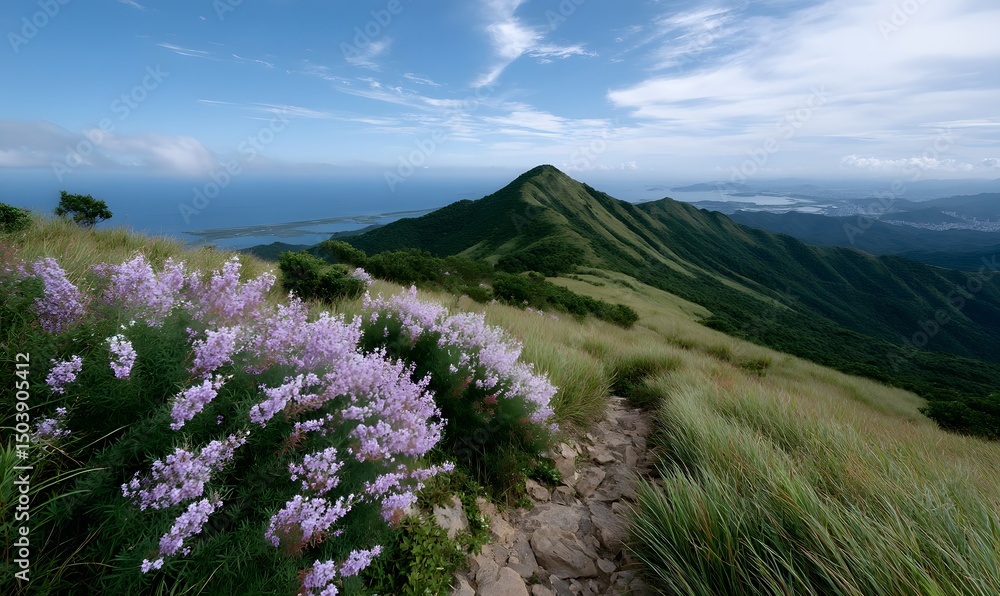 Fototapeta premium At night, you can see the starry sky and the starry moonlight, and purple and pink wildflowers bloom on both sides of the winding road leading to the mountains. Generative AI