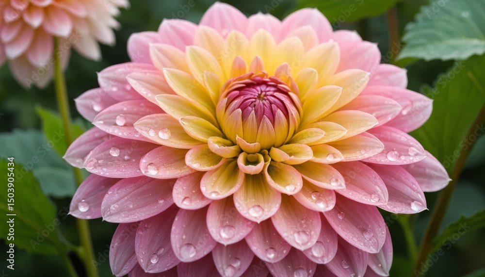 Fototapeta premium Pink and Yellow Dahlia Flower with Dew Drops Close Up Macro Photography