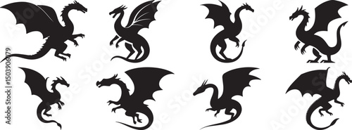 Flying Dragon Silhouette Set – Fantasy Winged Creature Vector Icons Collection