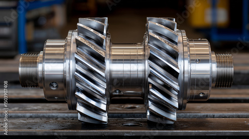 Industrial photography of tractor axle gear set laid out in cross-section, showcasing internal spline and precision-milled housing.