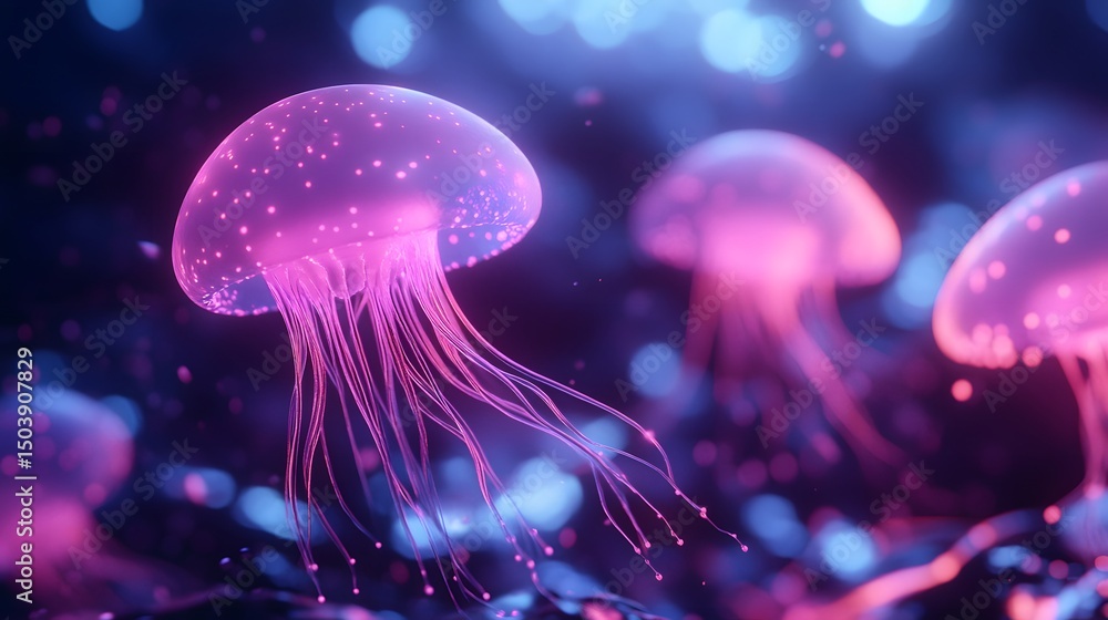 A vibrant underwater scene featuring ethereal jellyfish glowing in hues of pink and purple A vibrant underwater scene featuring ethereal jellyfish glowing in hues of pink and purple