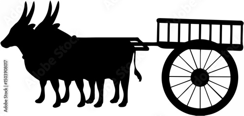 Silhouettes oxen pulling cart...
