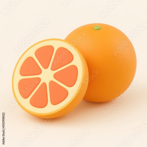 3D Render of a Sliced Orange and Whole Orange on White Background