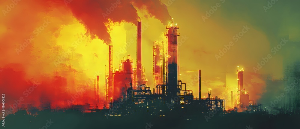 Obraz premium An industrial landscape featuring smokestacks emitting a plume of smoke and vibrant hues of orange and green, symbolizing pollution and the impact on the environment.