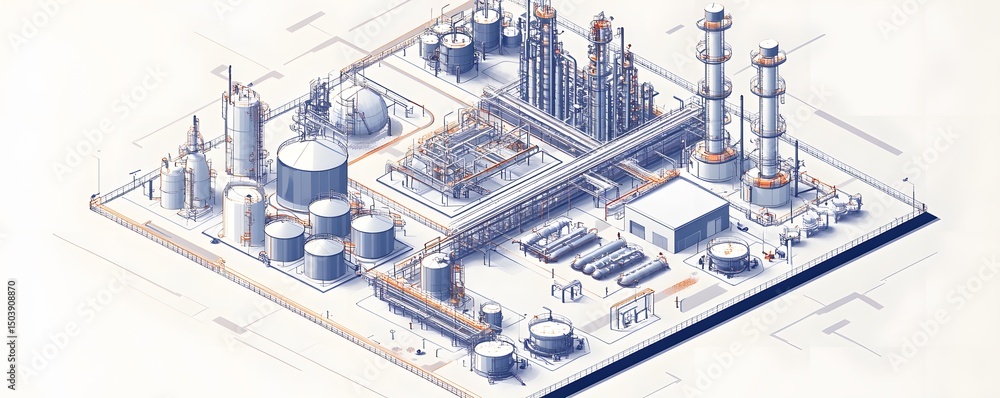 An intricate industrial complex featuring large storage tanks, towering smokestacks, and pipelines An intricate industrial complex featuring large storage tanks, towering smokestacks, and pipelines