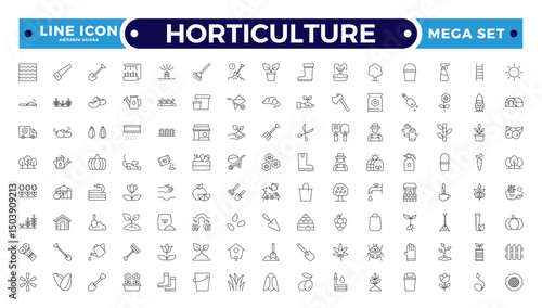 Horticulture Outline Icon Set. Gardening, Plant Growth, Agriculture, Budding Plants, Seeds, Fertilizer, Tools, Cultivation, Greenhouse, Pruning, Harvest, Biotechnology. Editable stroke outline icon.
