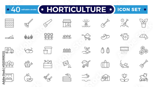Horticulture Outline Icon Set. Gardening, Plant Growth, Agriculture, Budding Plants, Seeds, Fertilizer, Tools, Cultivation, Greenhouse, Pruning, Harvest, Biotechnology. Editable stroke outline icon.
