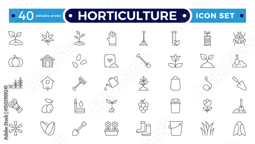 Horticulture Outline Icon Set. Gardening, Plant Growth, Agriculture, Budding Plants, Seeds, Fertilizer, Tools, Cultivation, Greenhouse, Pruning, Harvest, Biotechnology. Editable stroke outline icon.
