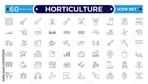 Horticulture Outline Icon Set. Gardening, Plant Growth, Agriculture, Budding Plants, Seeds, Fertilizer, Tools, Cultivation, Greenhouse, Pruning, Harvest, Biotechnology. Editable stroke outline icon.
