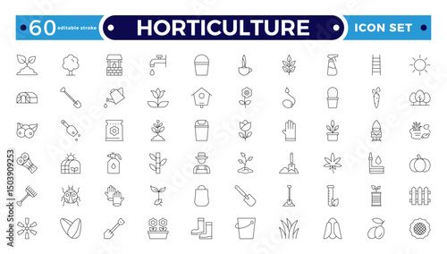 Horticulture Outline Icon Set. Gardening, Plant Growth, Agriculture, Budding Plants, Seeds, Fertilizer, Tools, Cultivation, Greenhouse, Pruning, Harvest, Biotechnology. Editable stroke outline icon.
