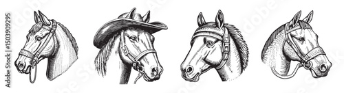 Vintage Sketches of Horse Heads with Unique Accessories and Styles, logo design, engraving design, vector illustration