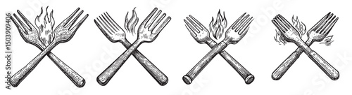 Vintage Forks with Flames Design for Culinary or Restaurant Themes, logo design, engraving design, vector illustration