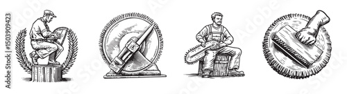 Vintage Woodworking Illustrations Featuring Hand Tools and Techniques, logo design, engraving design, vector illustration