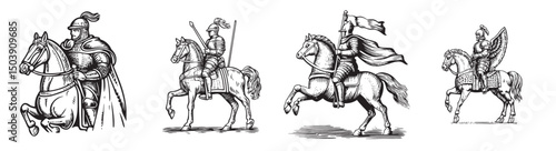 Historical Knights on Horses in Detailed Vintage Illustrations, vintage retro hipster logo design, vector illustration, engraving design
