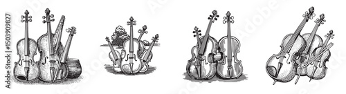 Vintage Sketch of Various Musical Instruments in Artistic Arrangement, vintage retro hipster logo design, vector illustration, engraving design