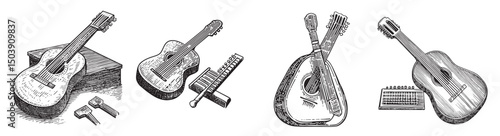 Hand-Drawn Illustrations of Various Stringed Instruments in Detail, vintage retro hipster logo design, vector illustration, engraving design
