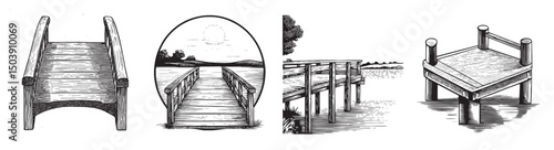 Various Sketches of Wooden Docks and Piers in Black and White, vintage retro hipster logo design, vector illustration, engraving design
